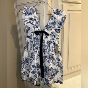 o.p.t. Floral Blue and White Dress with Black Bow